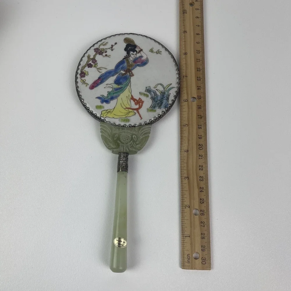Vintage Chinese Celadon Jade Hand Painted‎ Porcelain Vanity Mirror Geisha In Box
